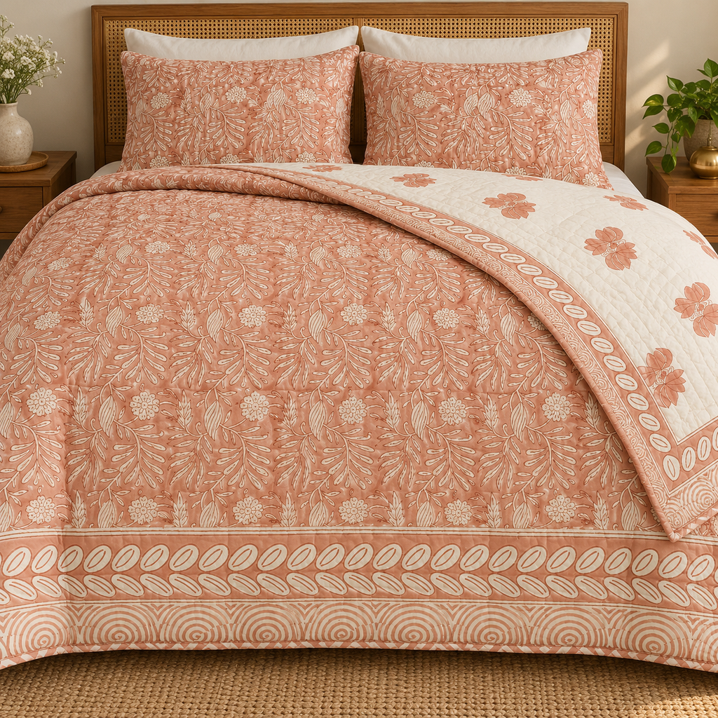Melon Peach Floral Leaf Hand Block Quilt/ Razai