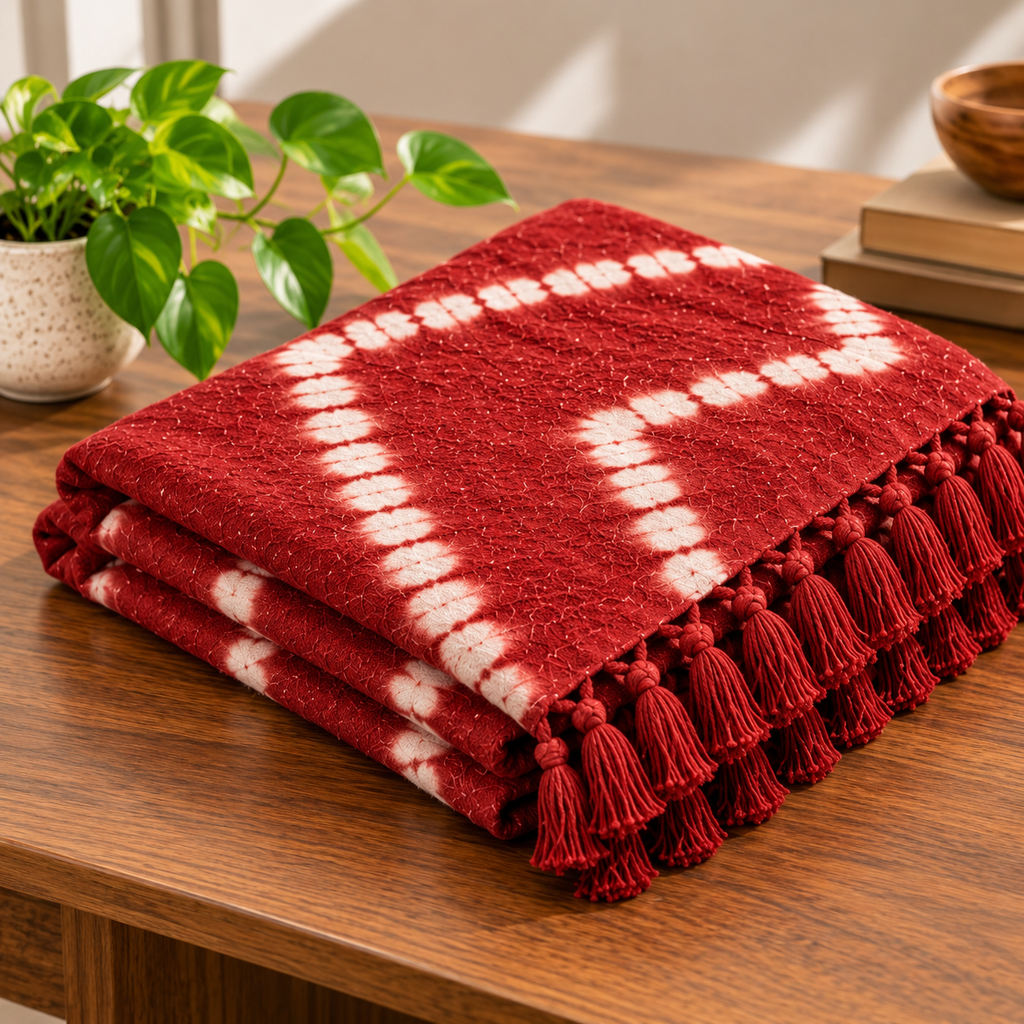 Red Jute Fabric Hand Block Sofa Throw