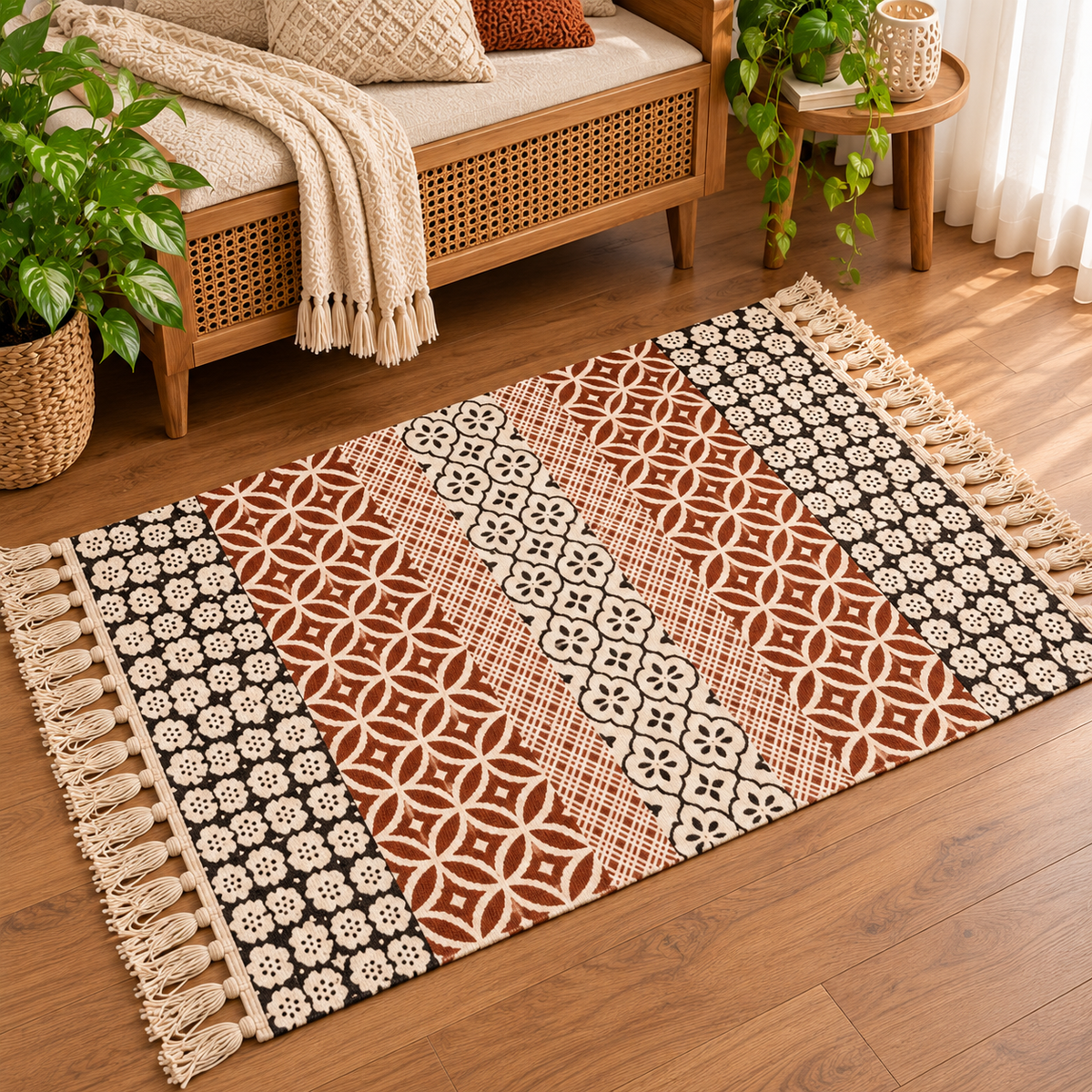 Rich brown and Block Rangoli Pattern  Hand Block Printed Jute Rug