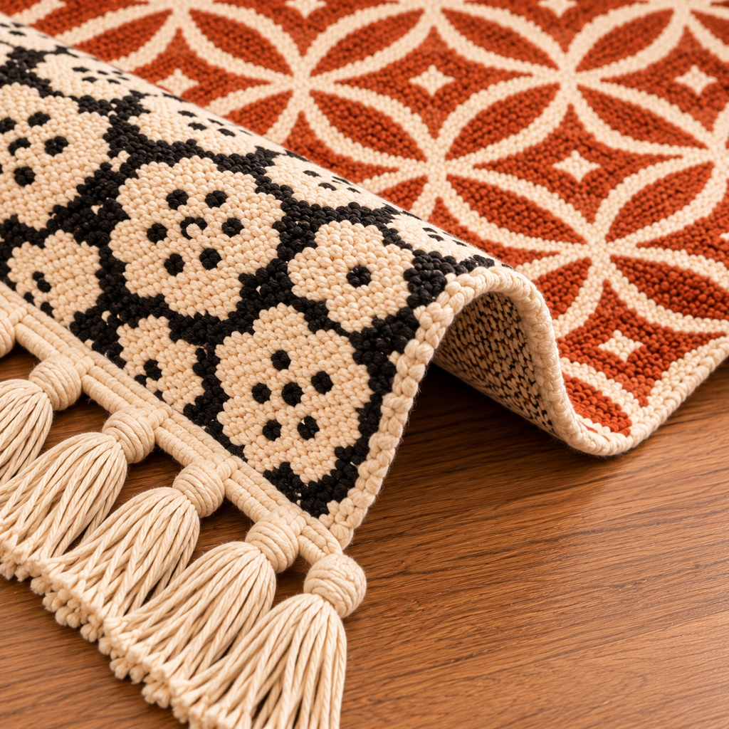 Rich brown and Block Rangoli Pattern  Hand Block Printed Jute Rug
