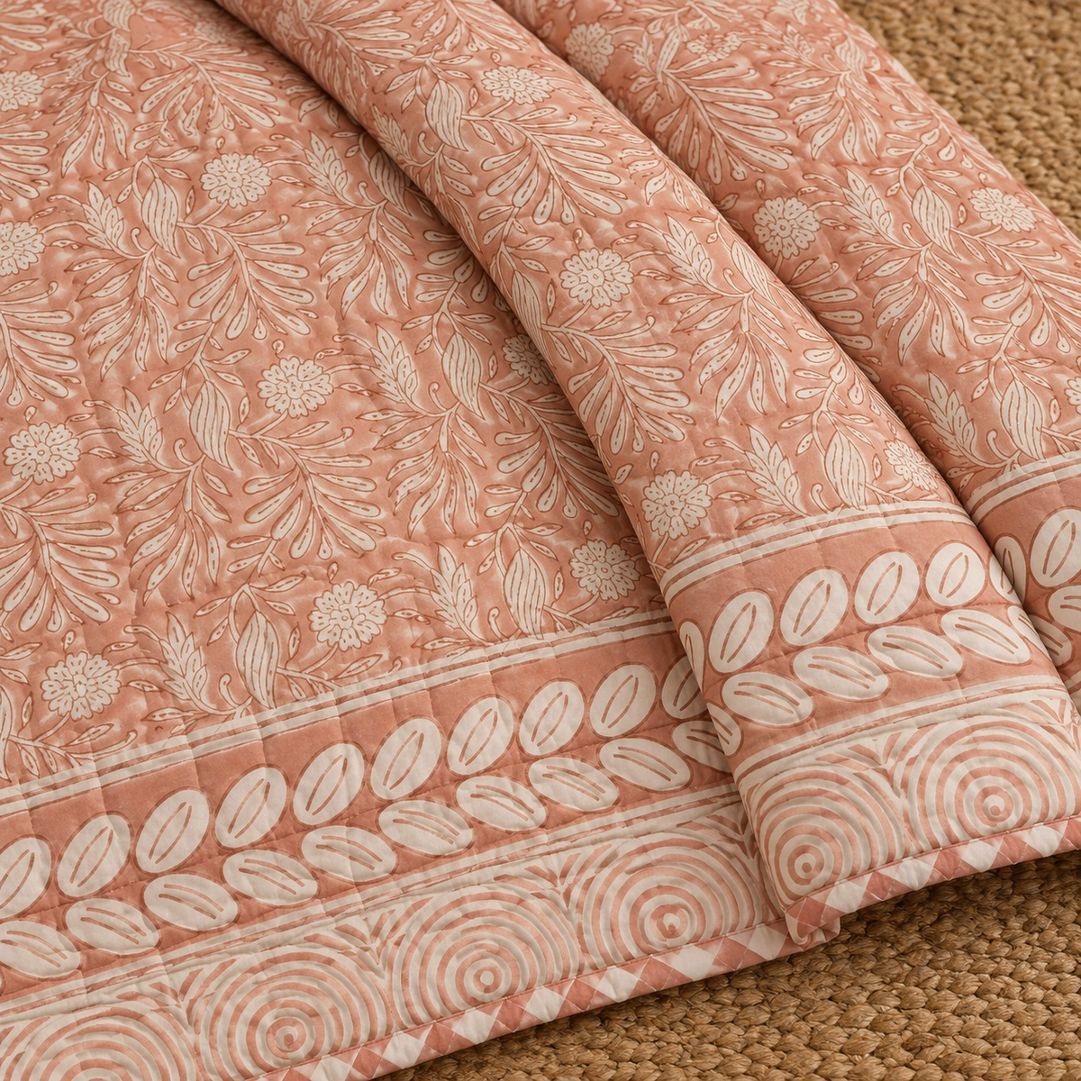 Melon Peach Floral Leaf Hand Block Bedsheet & Quilt/ Razai Set - Hand Block Printed