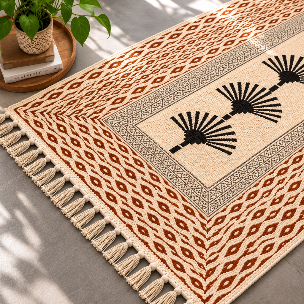 Rust brown and Black Palm Tree pattern  Hand Block Printed Jute Rug