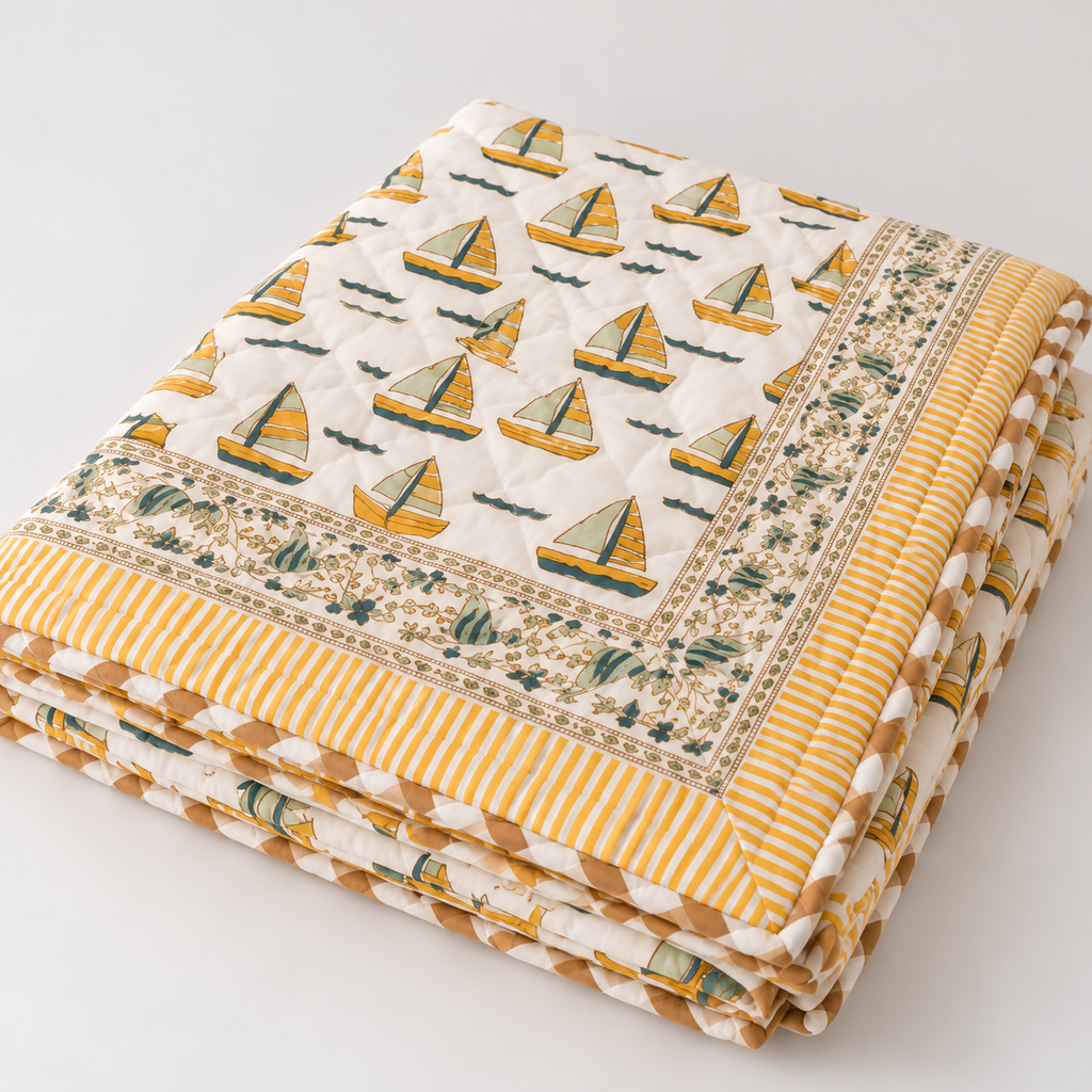 Boat Design Hand Block Baby Quilt
