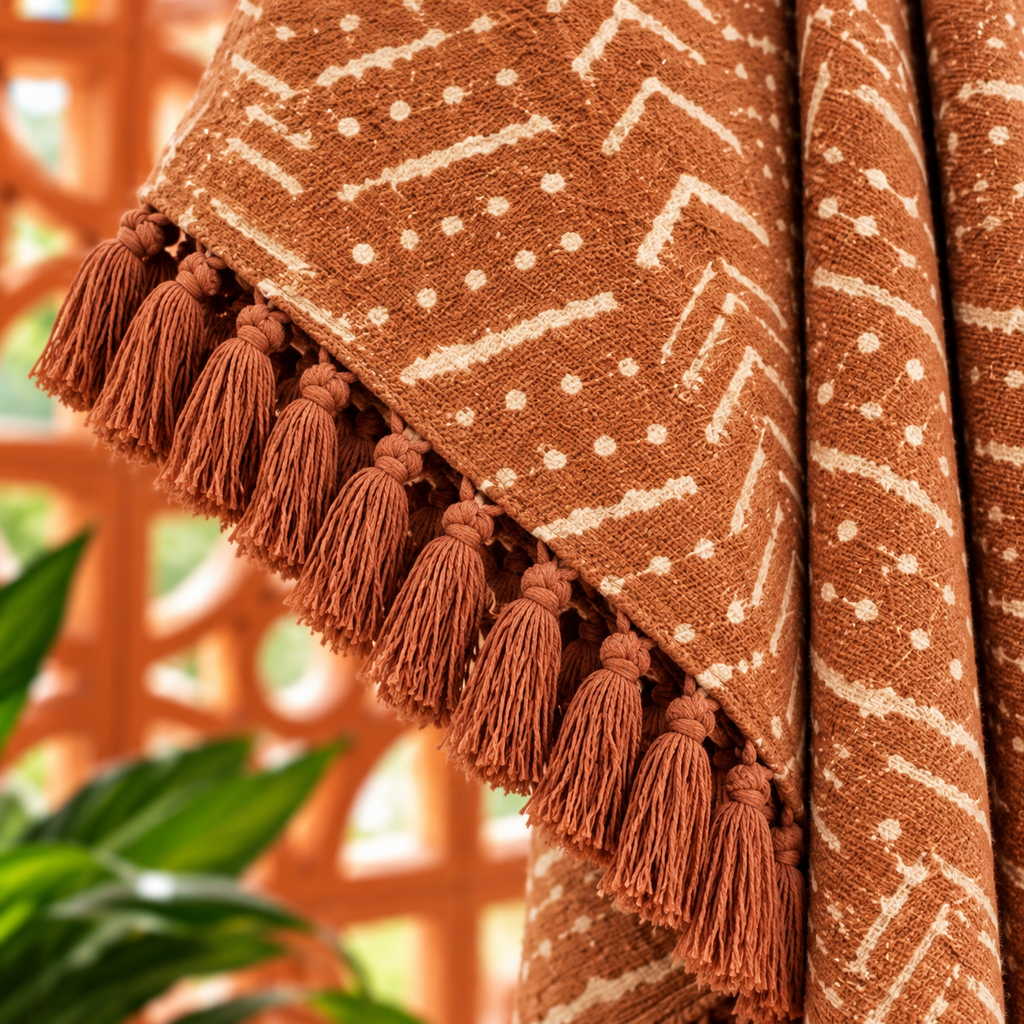 Rust Orange Chevron Stripes Jute Fabric Hand Block Sofa Throw