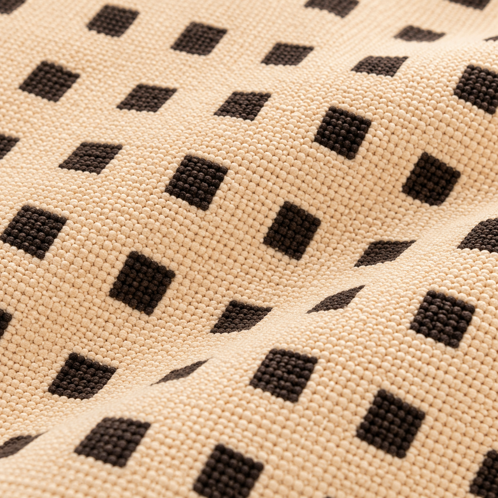 Black and Ivory Small Square Floral  Hand Block Printed Jute Rug