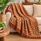 Rust Orange Chevron Stripes Jute Fabric Hand Block Sofa Throw