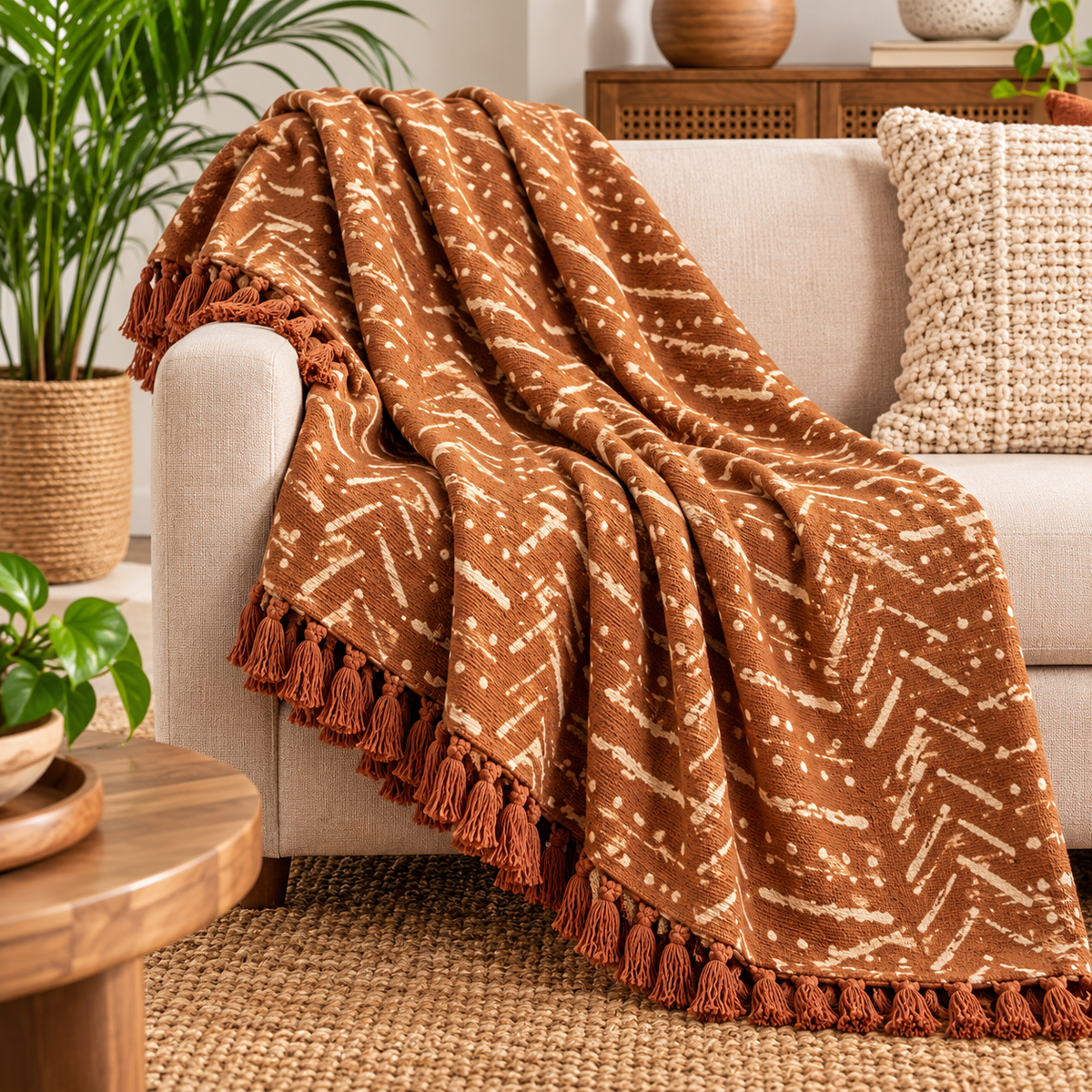 Rust Orange Chevron Stripes Jute Fabric Hand Block Sofa Throw