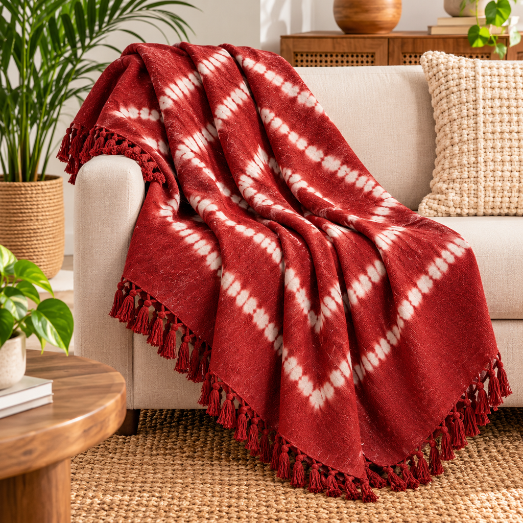 Red Jute Fabric Hand Block Sofa Throw