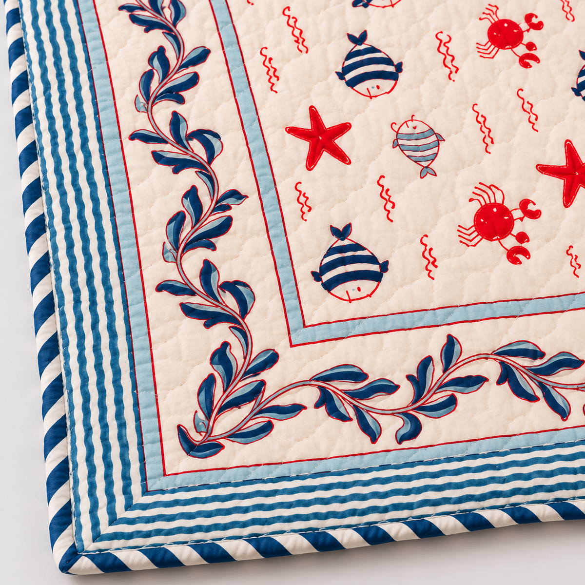 Blue fish & Red star Hand Block Baby Quilt