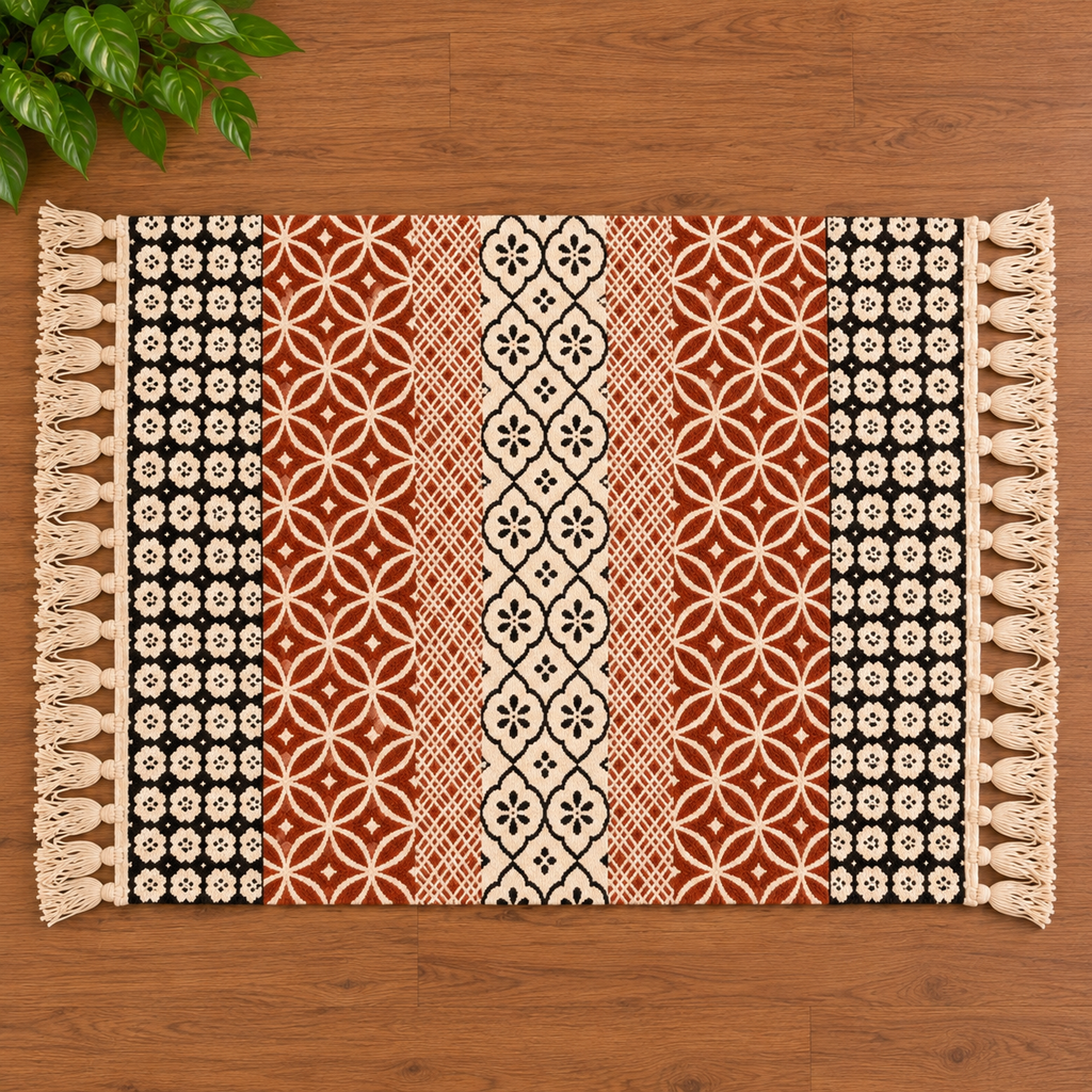 Rich brown and Block Rangoli Pattern  Hand Block Printed Jute Rug