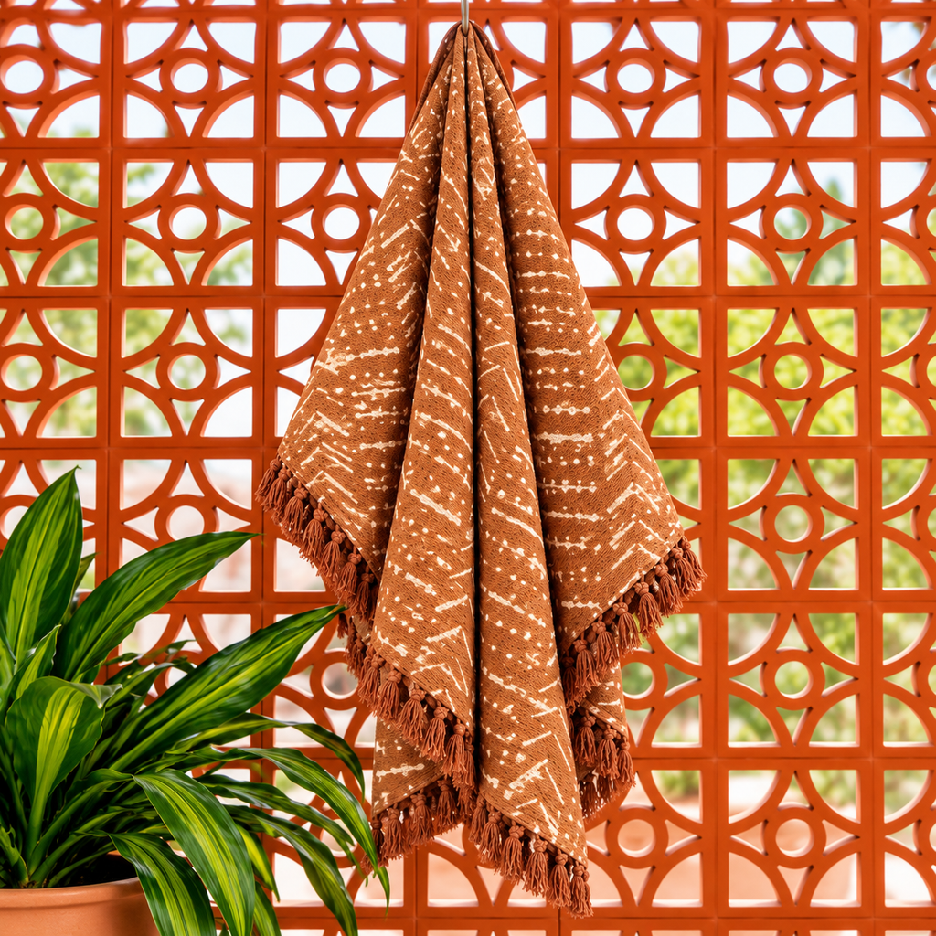 Rust Orange Chevron Stripes Jute Fabric Hand Block Sofa Throw