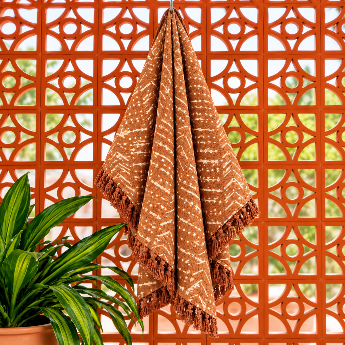 Rust Orange Chevron Stripes Jute Fabric Hand Block Sofa Throw