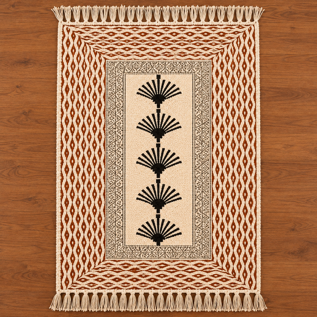 Rust brown and Black Palm Tree pattern  Hand Block Printed Jute Rug
