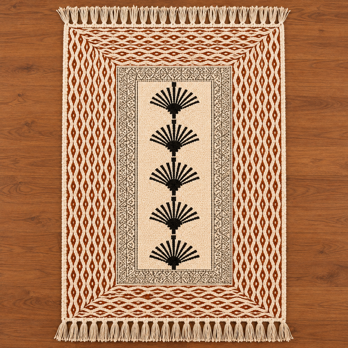 Rust brown and Black Palm Tree pattern  Hand Block Printed Jute Rug