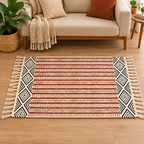 Clay red and Terracotta Brown Striped Hand Block Printed Jute Rug