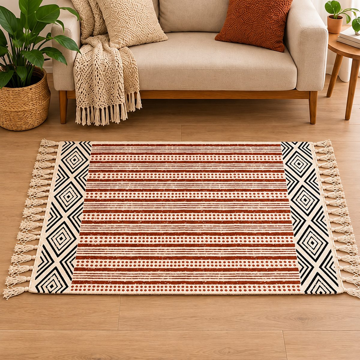 Clay red and Terracotta Brown Striped Hand Block Printed Jute Rug