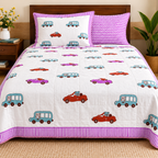Pink ,Blue & Brown Car Patterns Hand Block Quilt/ Razai