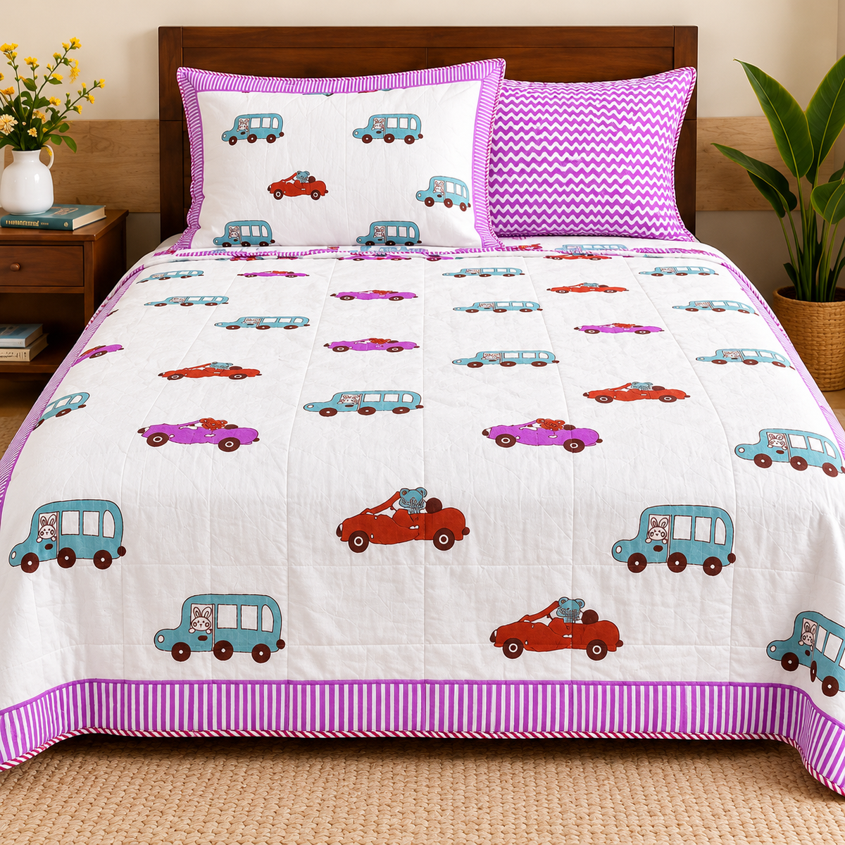 Pink ,Blue & Brown Car Patterns Hand Block Quilt/ Razai