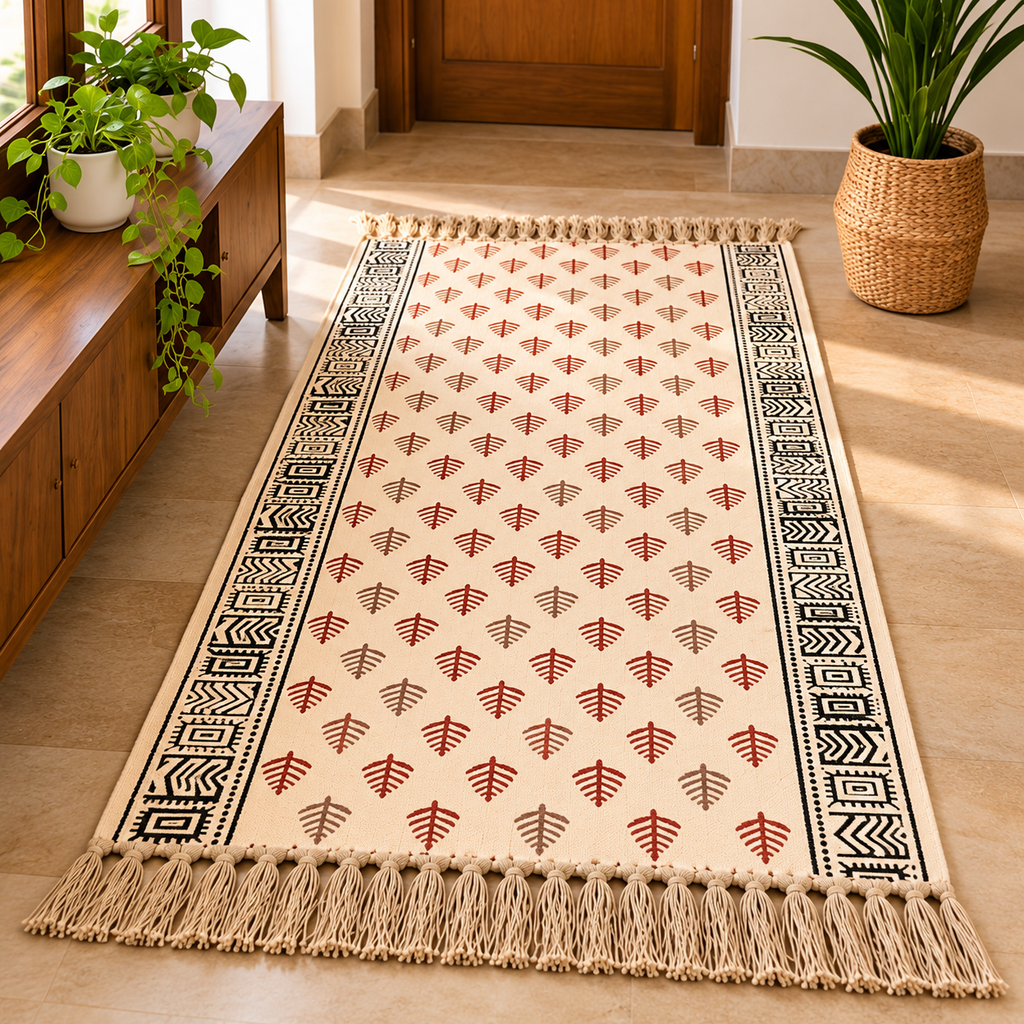 Red and Ivory Motifs Leaf Rugs Hand Block Printed