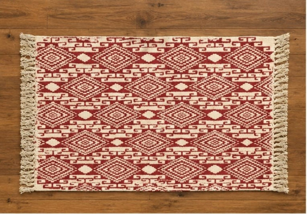Deep Red Diamond Geometric Hand Block Printed Jute Rug