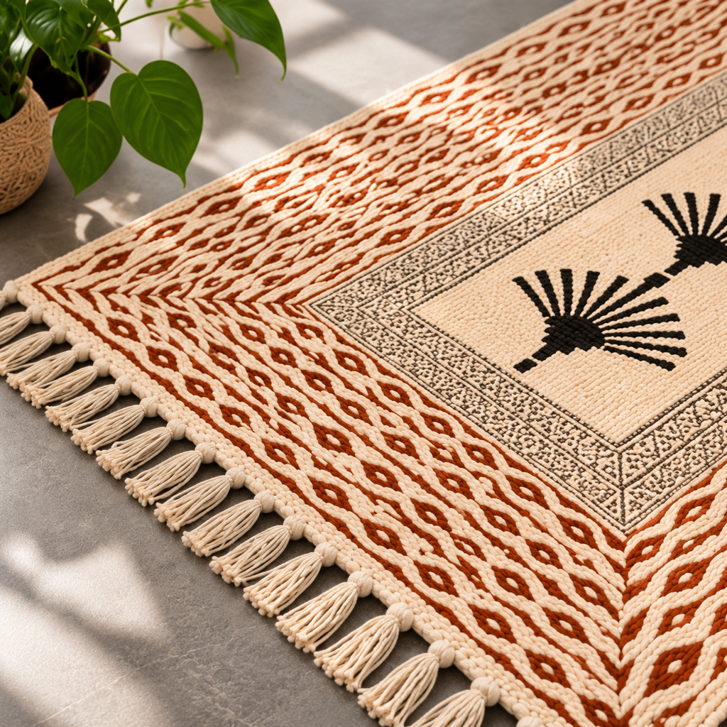 Rust brown and Black Palm Tree pattern  Hand Block Printed Jute Rug
