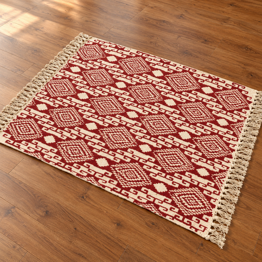 Deep Red Diamond Geometric Hand Block Printed Jute Rug