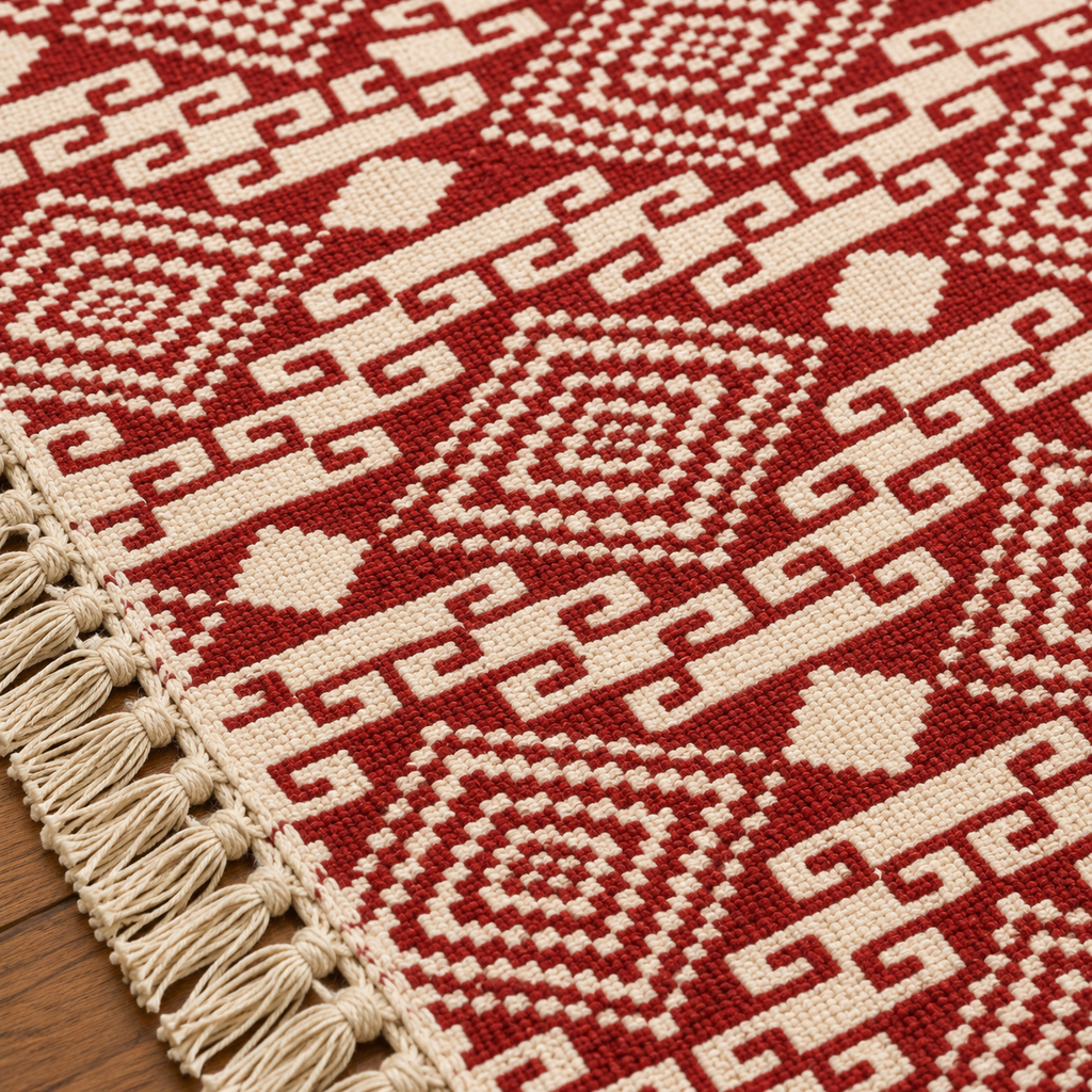 Deep Red Diamond Geometric Hand Block Printed Jute Rug