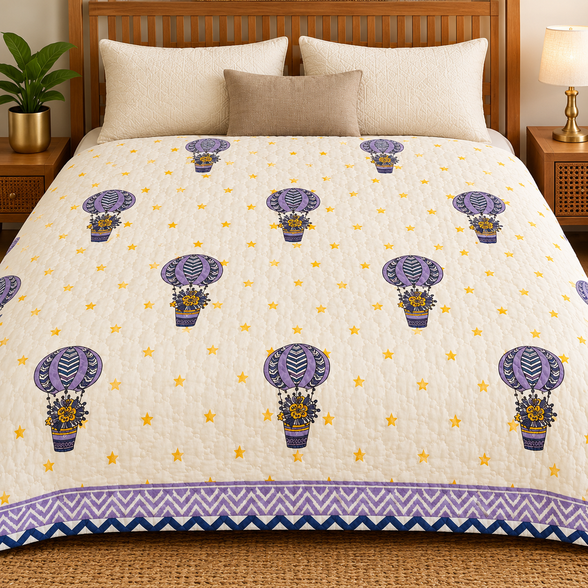 Blue Air Balloon Hand Block  & Quilt/ Razai