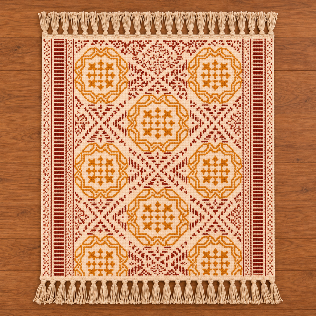 Mustard Yellow and maroon circular pattern Hand Block Printed Jute Rug