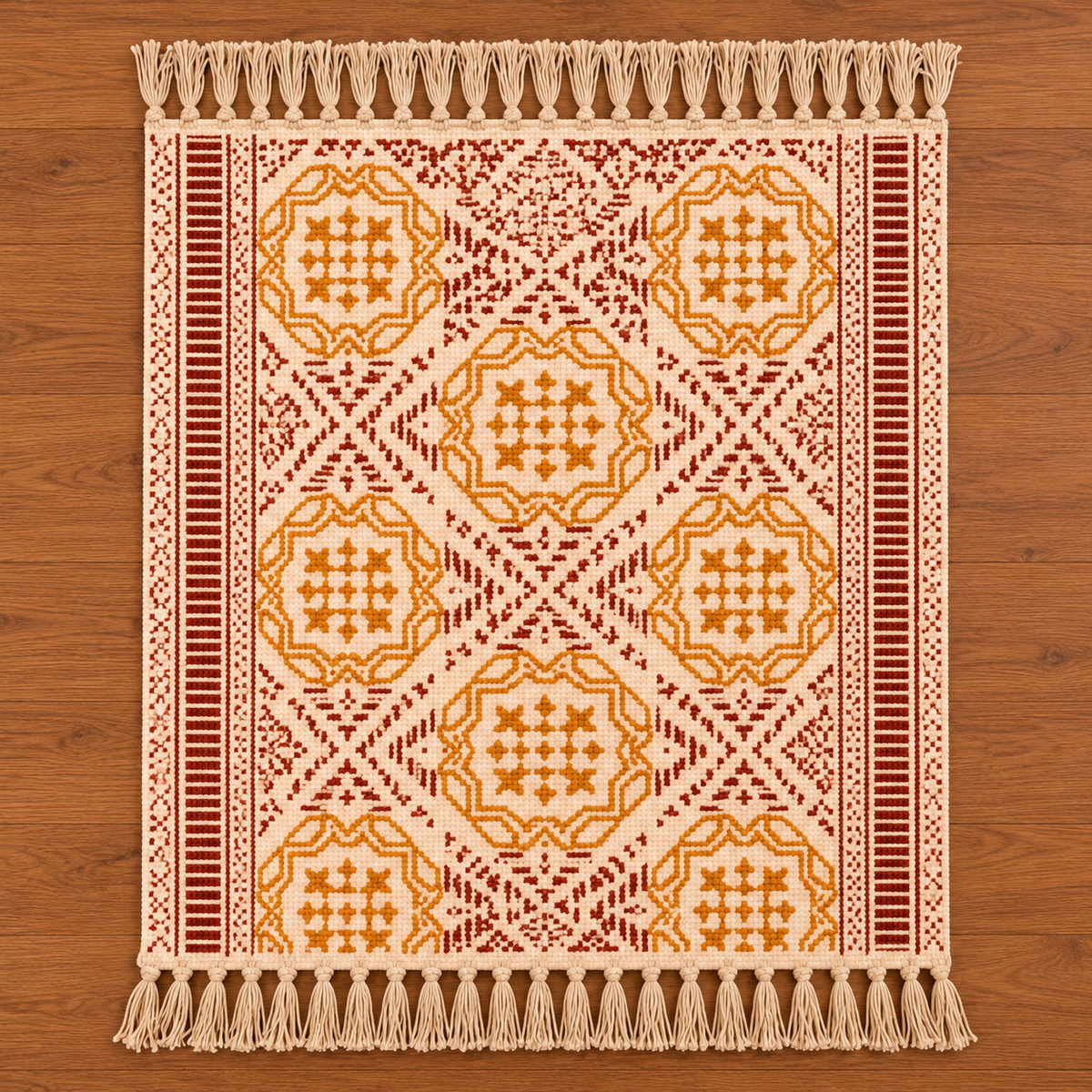 Mustard Yellow and maroon circular pattern Hand Block Printed Jute Rug