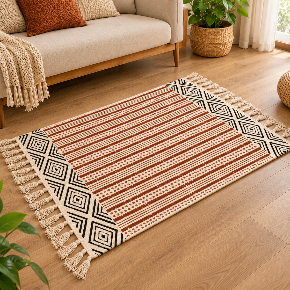 Clay red and Terracotta Brown Striped Hand Block Printed Jute Rug