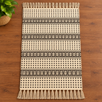Black and Ivory Small Square Floral  Hand Block Printed Jute Rug