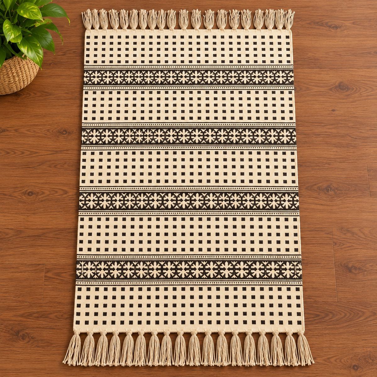 Black and Ivory Small Square Floral  Hand Block Printed Jute Rug