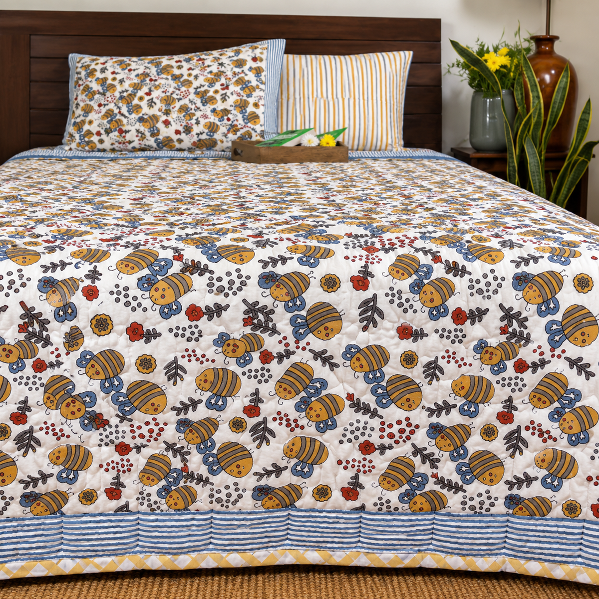 Yellow Bee Patterns Hand Block  & Quilt/ Razai