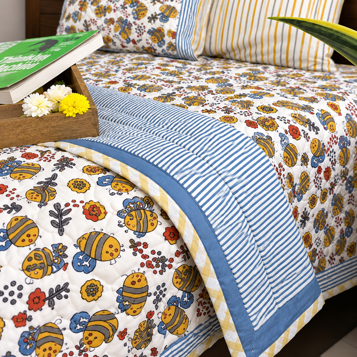Yellow Bee Patterns Hand Block  & Quilt/ Razai