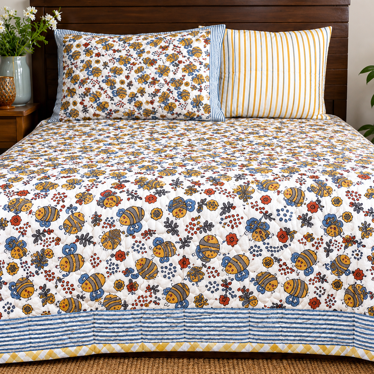 Yellow Bee Patterns Hand Block  & Quilt/ Razai
