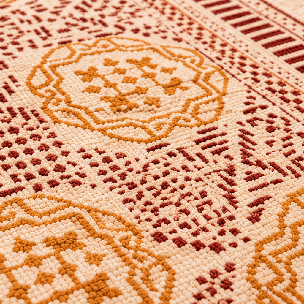 Mustard Yellow and maroon circular pattern Hand Block Printed Jute Rug