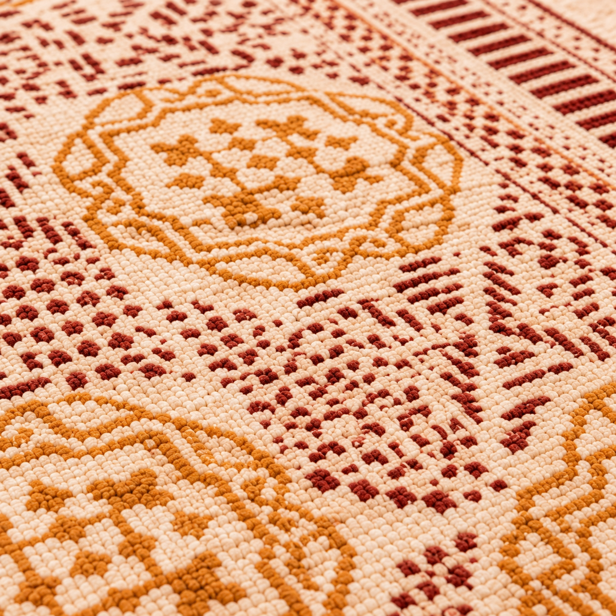 Mustard Yellow and maroon circular pattern Hand Block Printed Jute Rug
