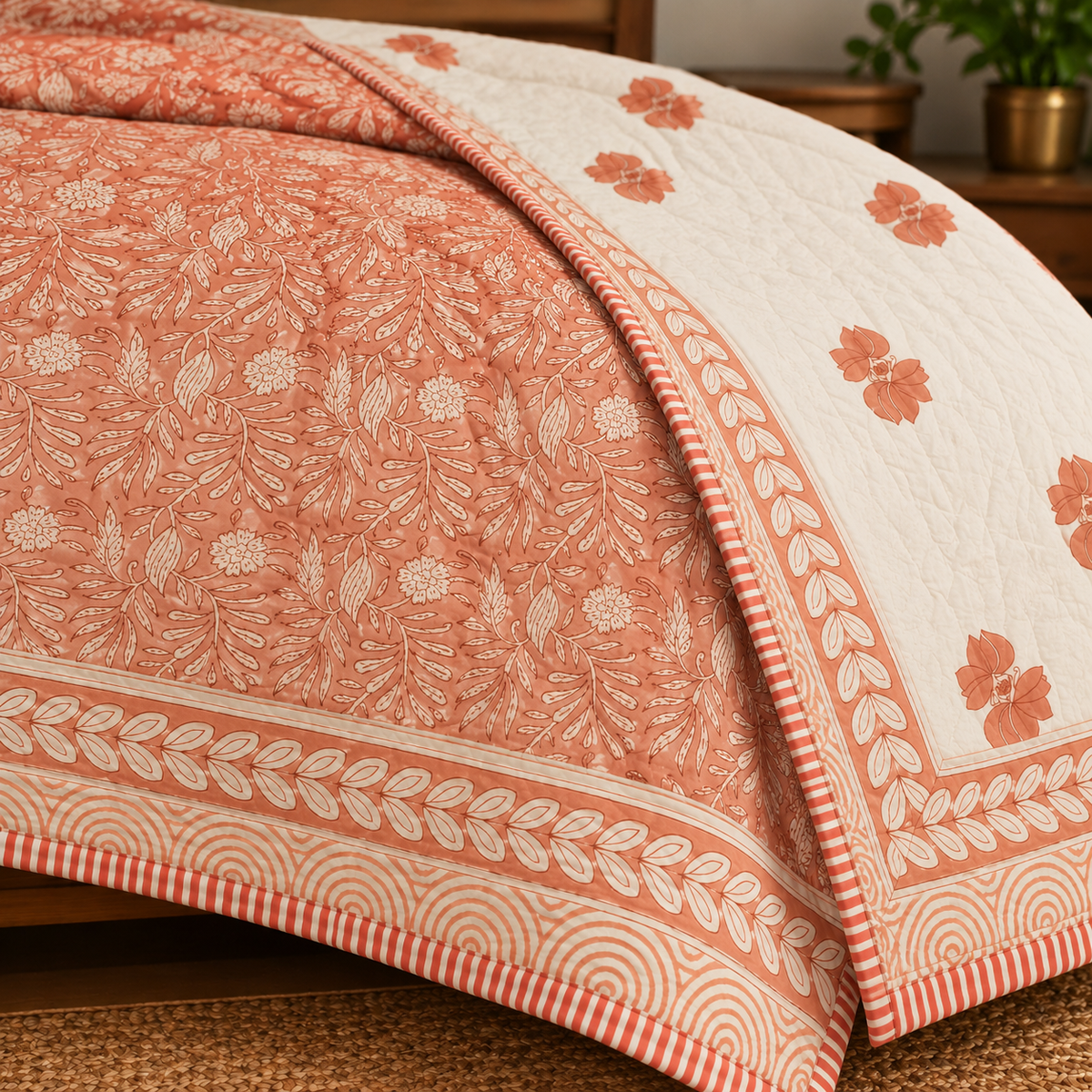 Melon Peach Floral Leaf Hand Block Quilt/ Razai