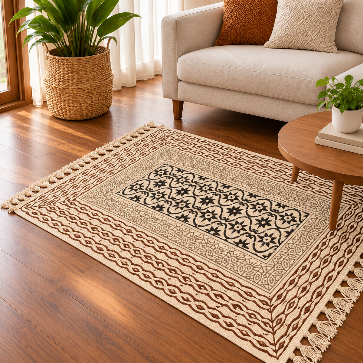 Rust brown and Grey geometric wave Hand Block Printed Jute Rug