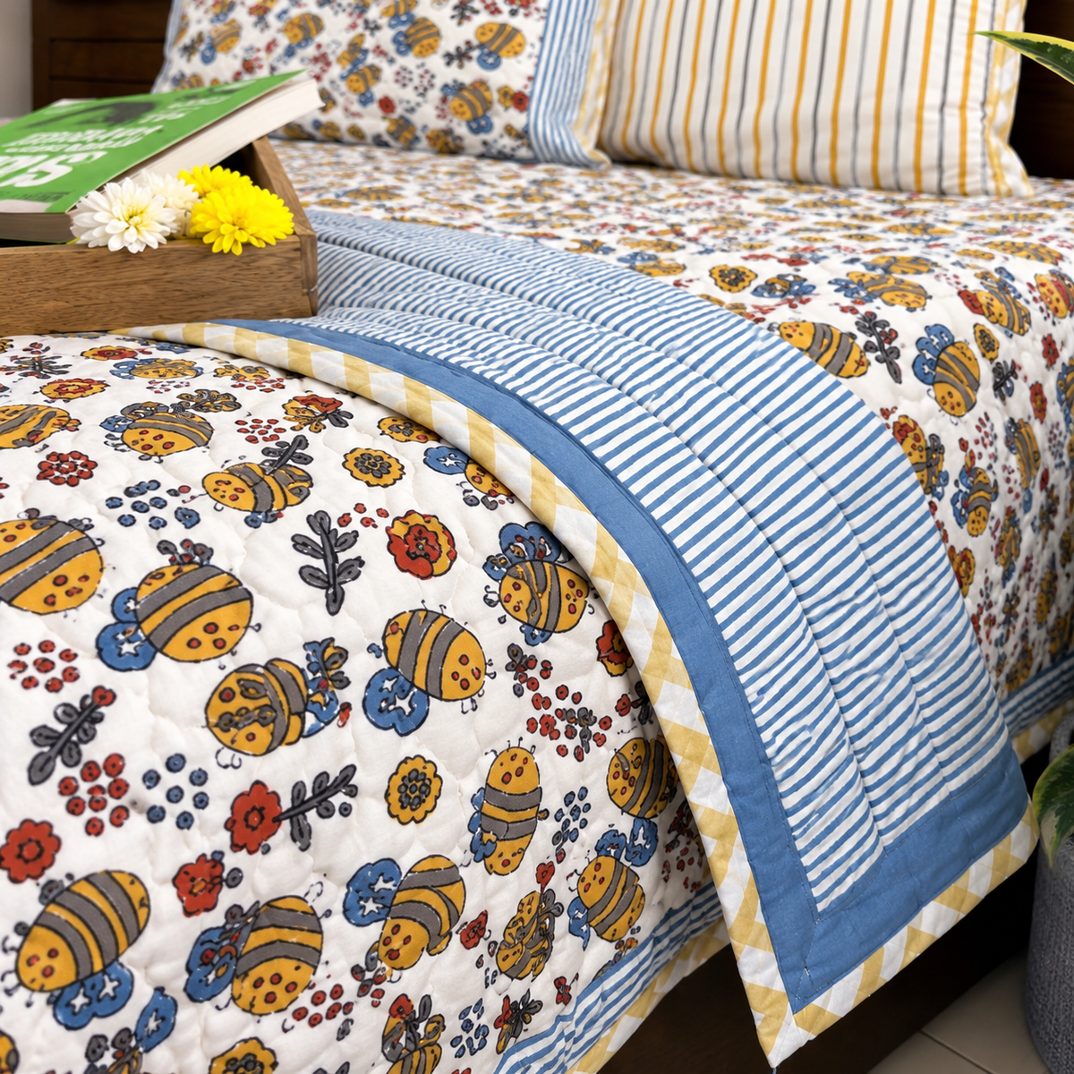 Yellow Bee Patterns Hand Block  & Quilt/ Razai