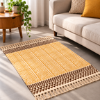 Mustard Yellow Tribal Geometric Pattern Hand Block Printed Jute Rug