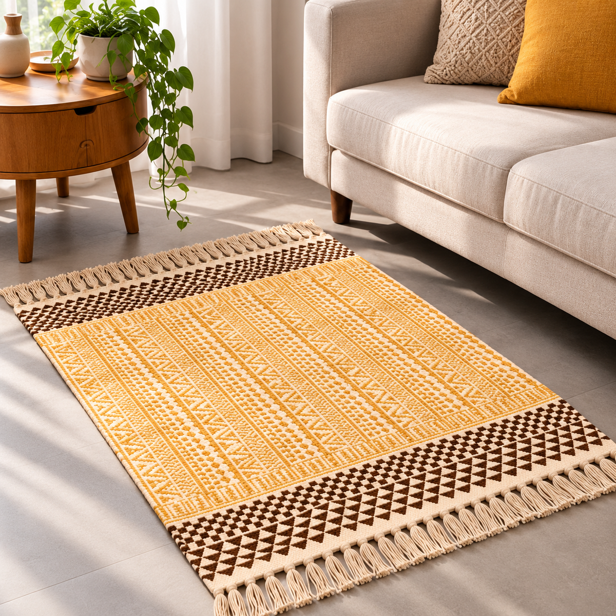 Mustard Yellow Tribal Geometric Pattern Hand Block Printed Jute Rug