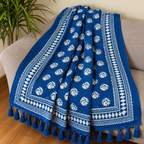 Blue & White Floral Buti Jute Fabric Hand Block Sofa Throw