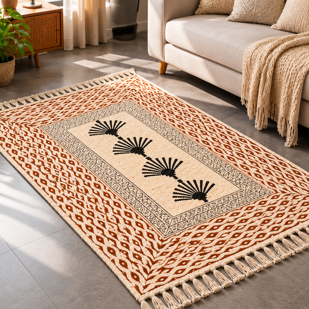 Rust brown and Black Palm Tree pattern  Hand Block Printed Jute Rug