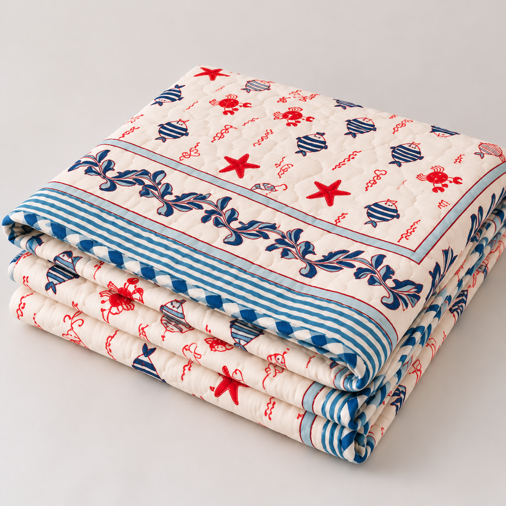 Blue fish & Red star Hand Block Baby Quilt