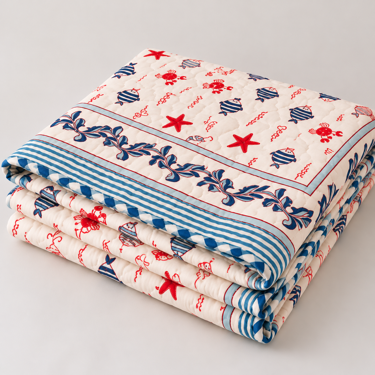 Blue fish & Red star Hand Block Baby Quilt