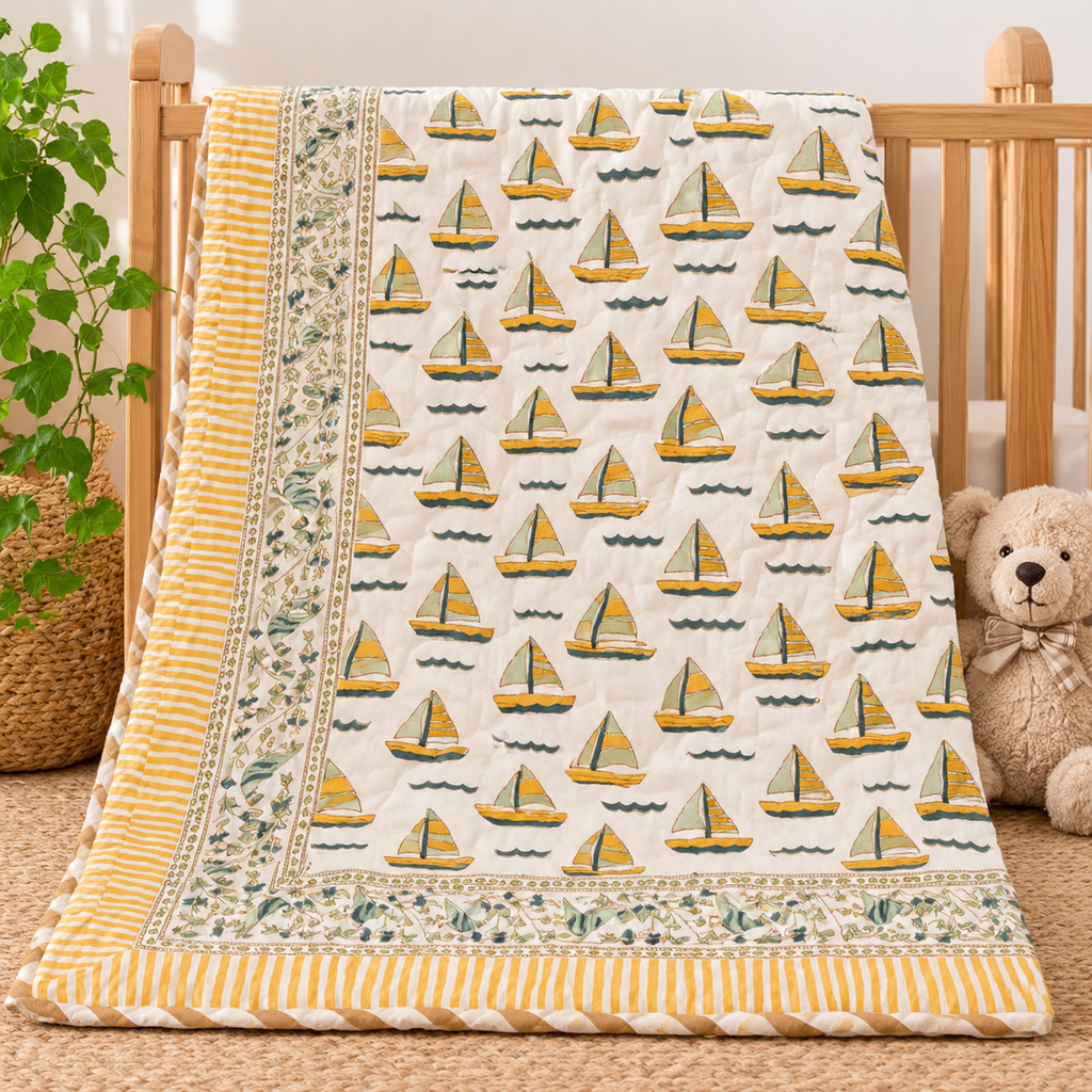 Boat Design Hand Block Baby Quilt