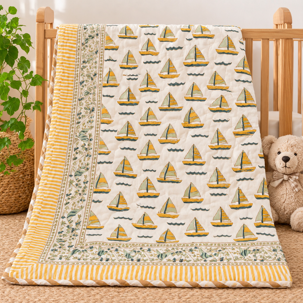 Boat Design Hand Block Baby Quilt