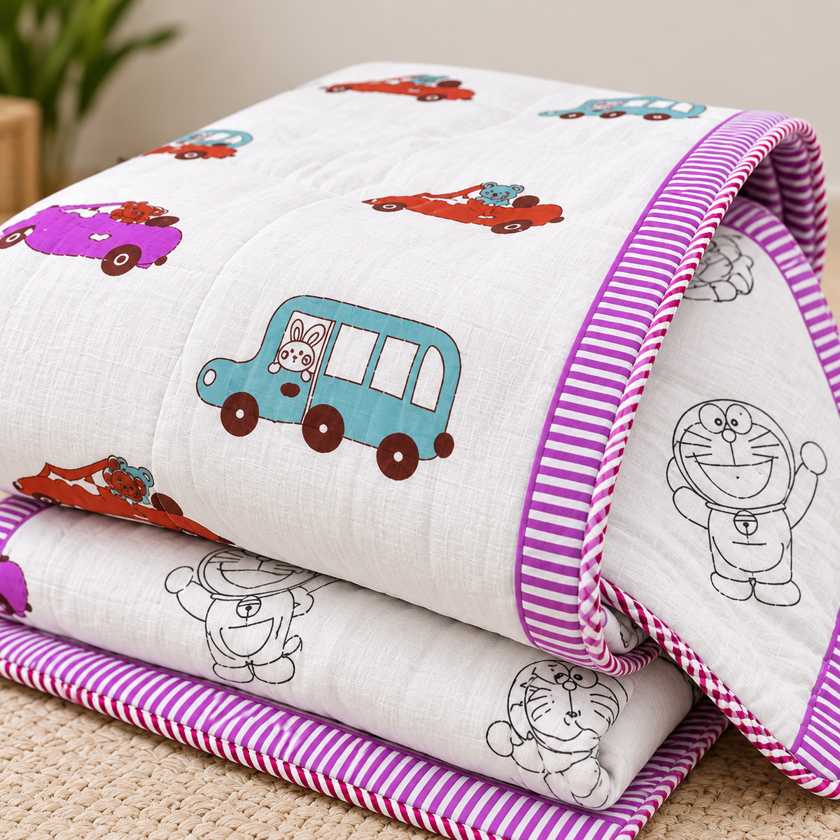 Pink ,Blue & Brown Car Patterns Hand Block Quilt/ Razai
